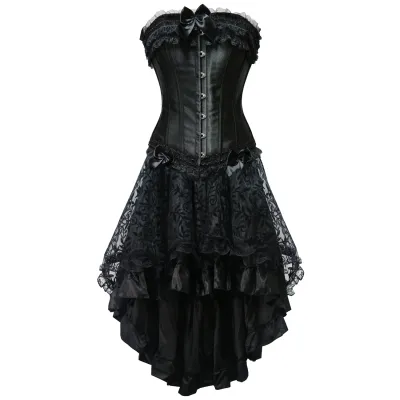 Vintage Black Satin Overbust Corset With Skirt